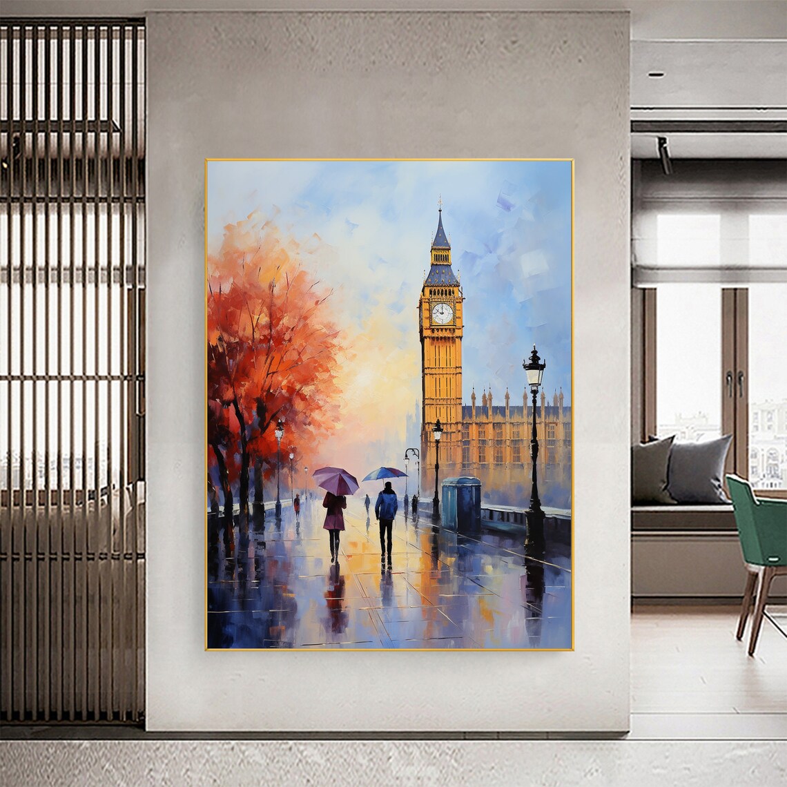 Rainy London Street with Big Ben Umbrellas and Autumn Poster - Image 3