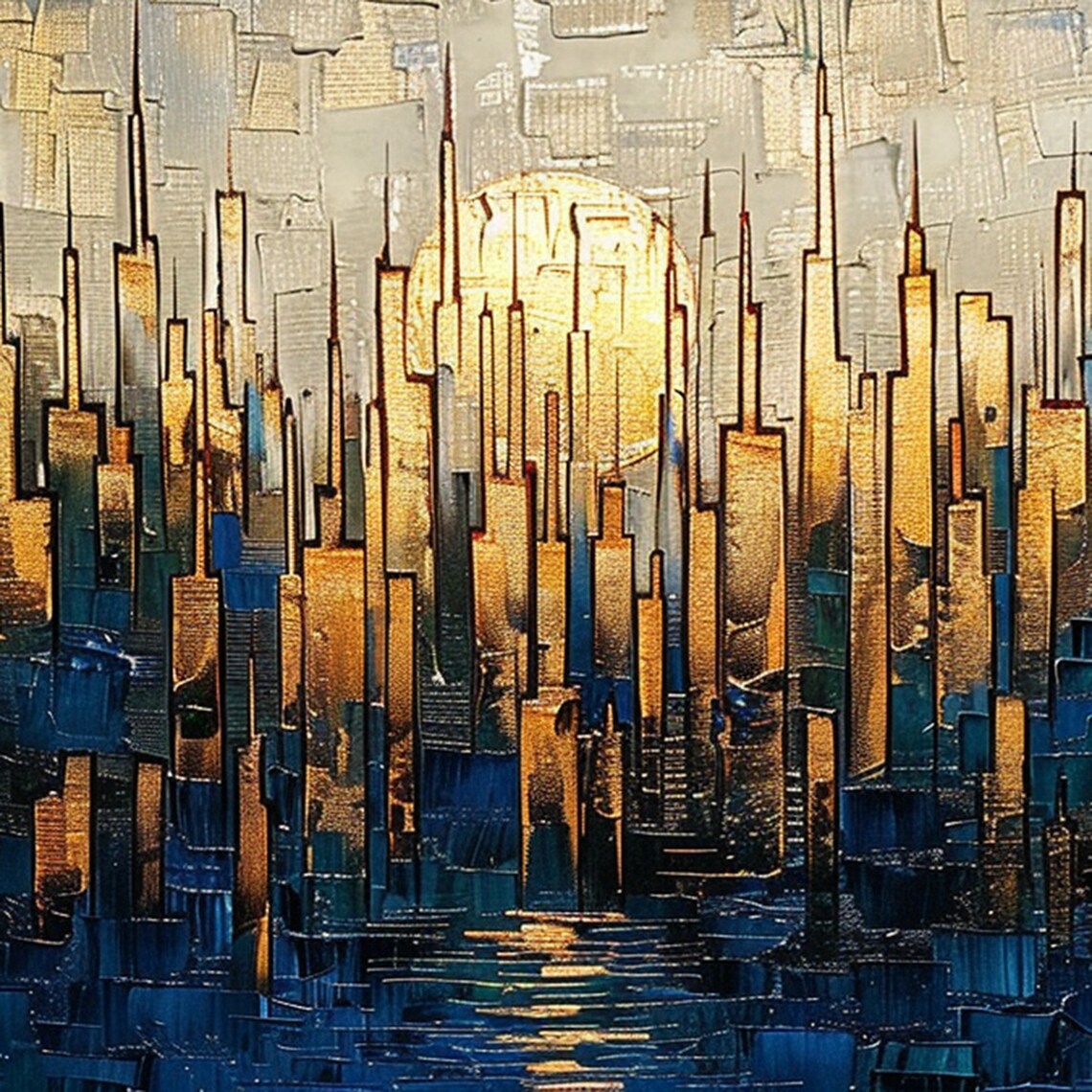 Golden City Towers at Dusk with Blue Water Reflection Poster - Image 5