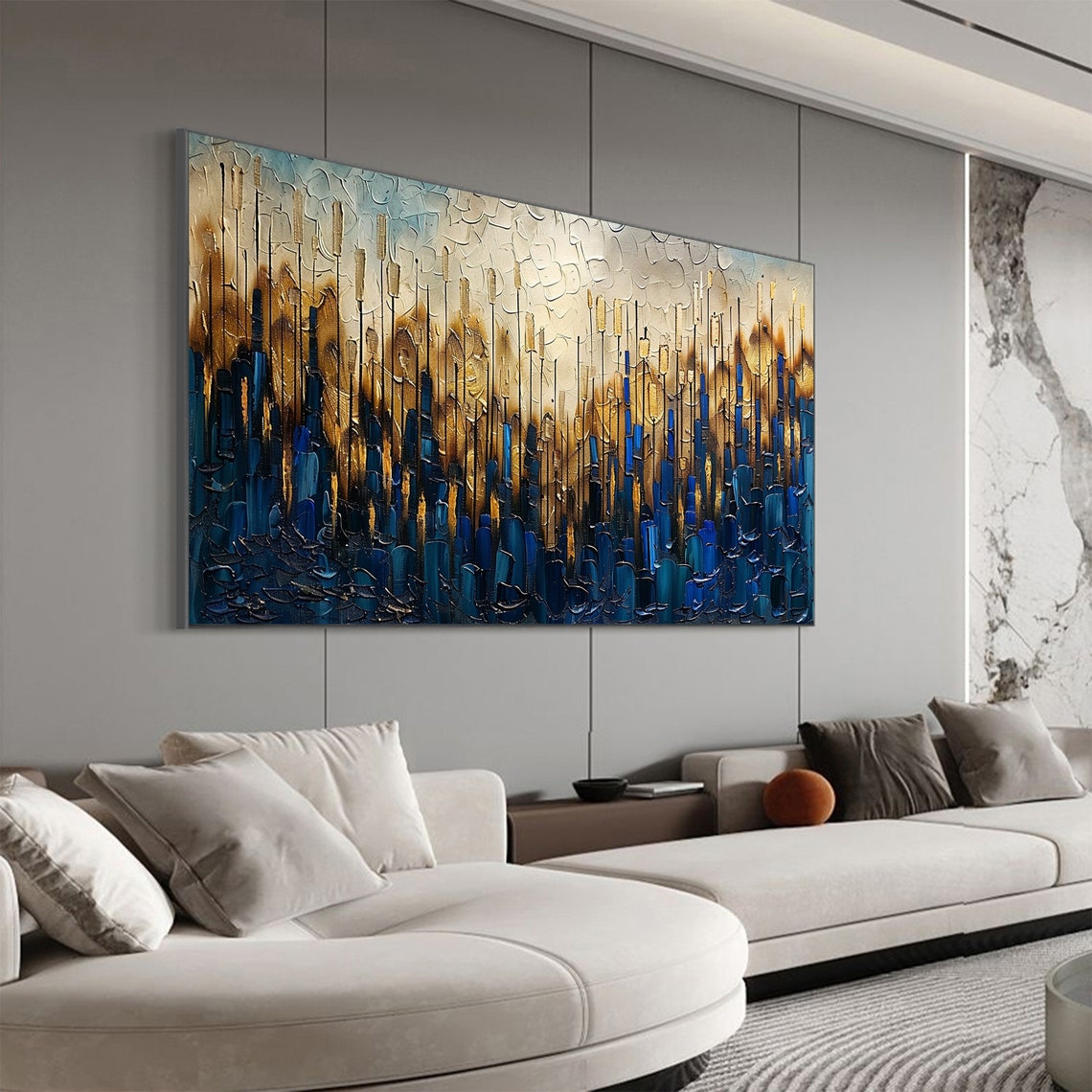 Navy Blue And Gold Vertical Brushstroke Textured Abstract Poster - Image 6
