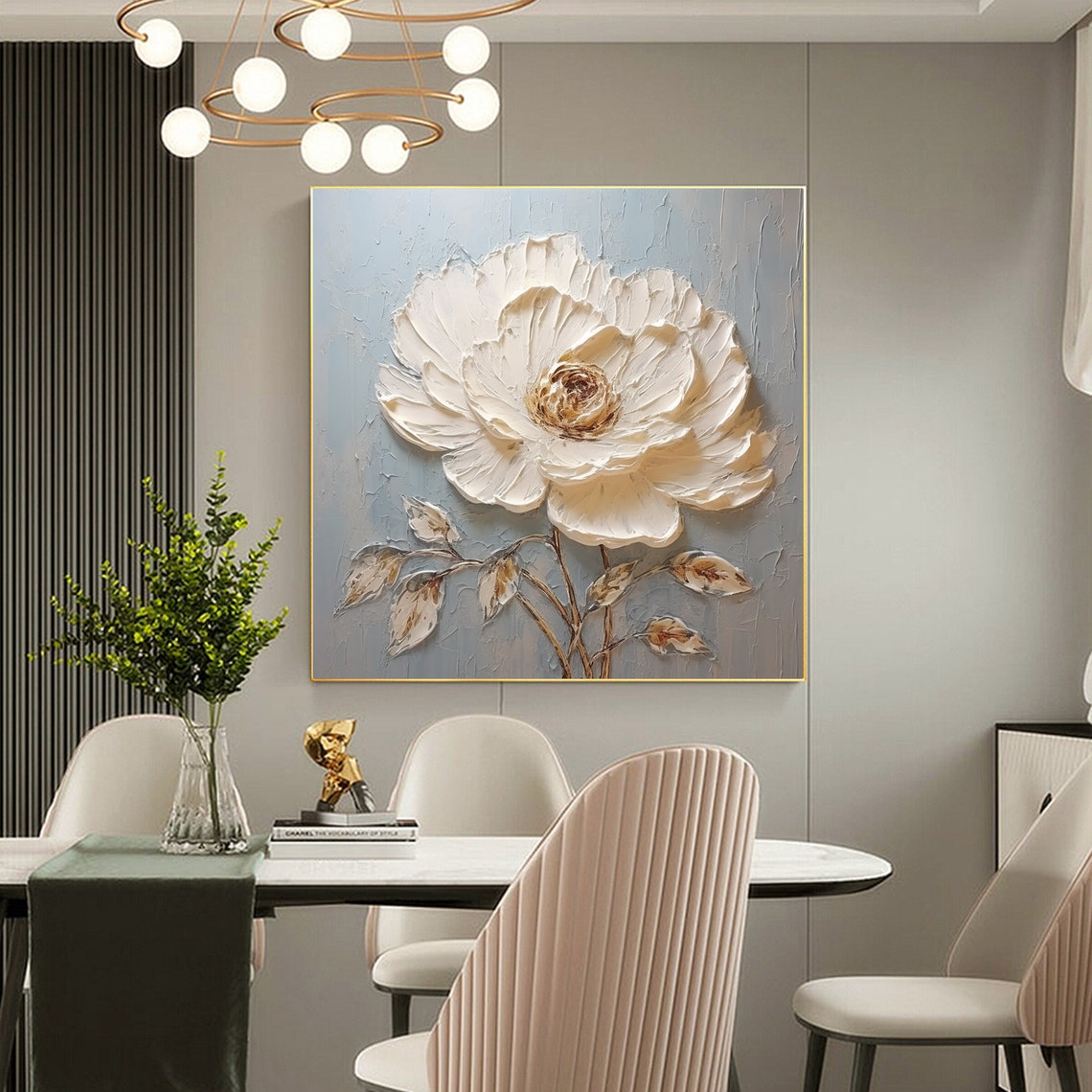Single White Peony Flower Thick Impasto on Gray Blue Art Poster - Image 6
