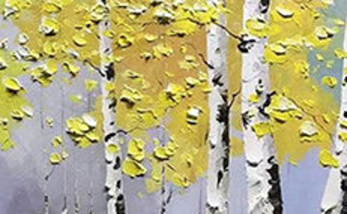 White Birch Forest Path with Yellow Canopy Oil Painting Poster - Image 4