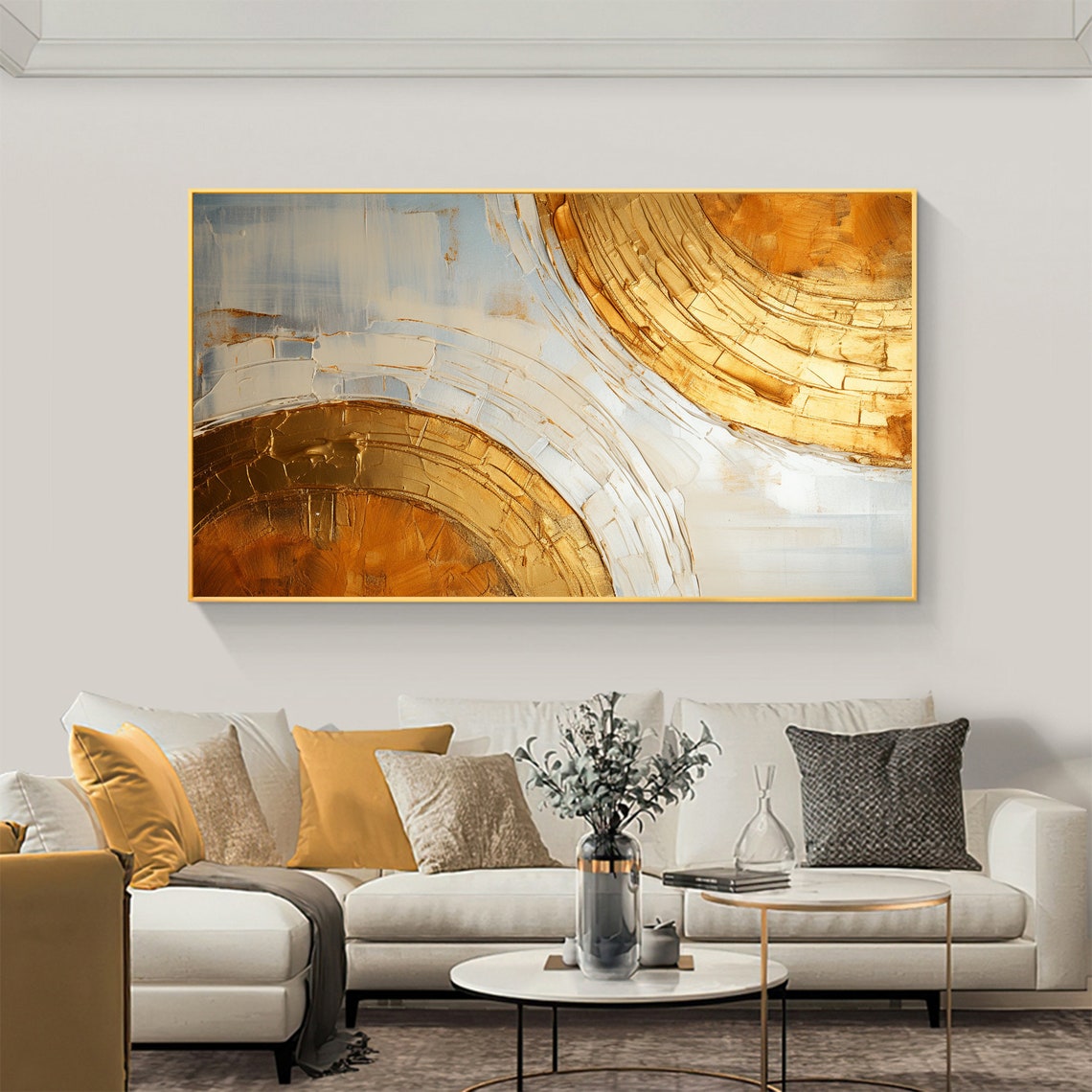 Gold White Double Circle Arcs Abstract Textured Painting Poster - Image 2