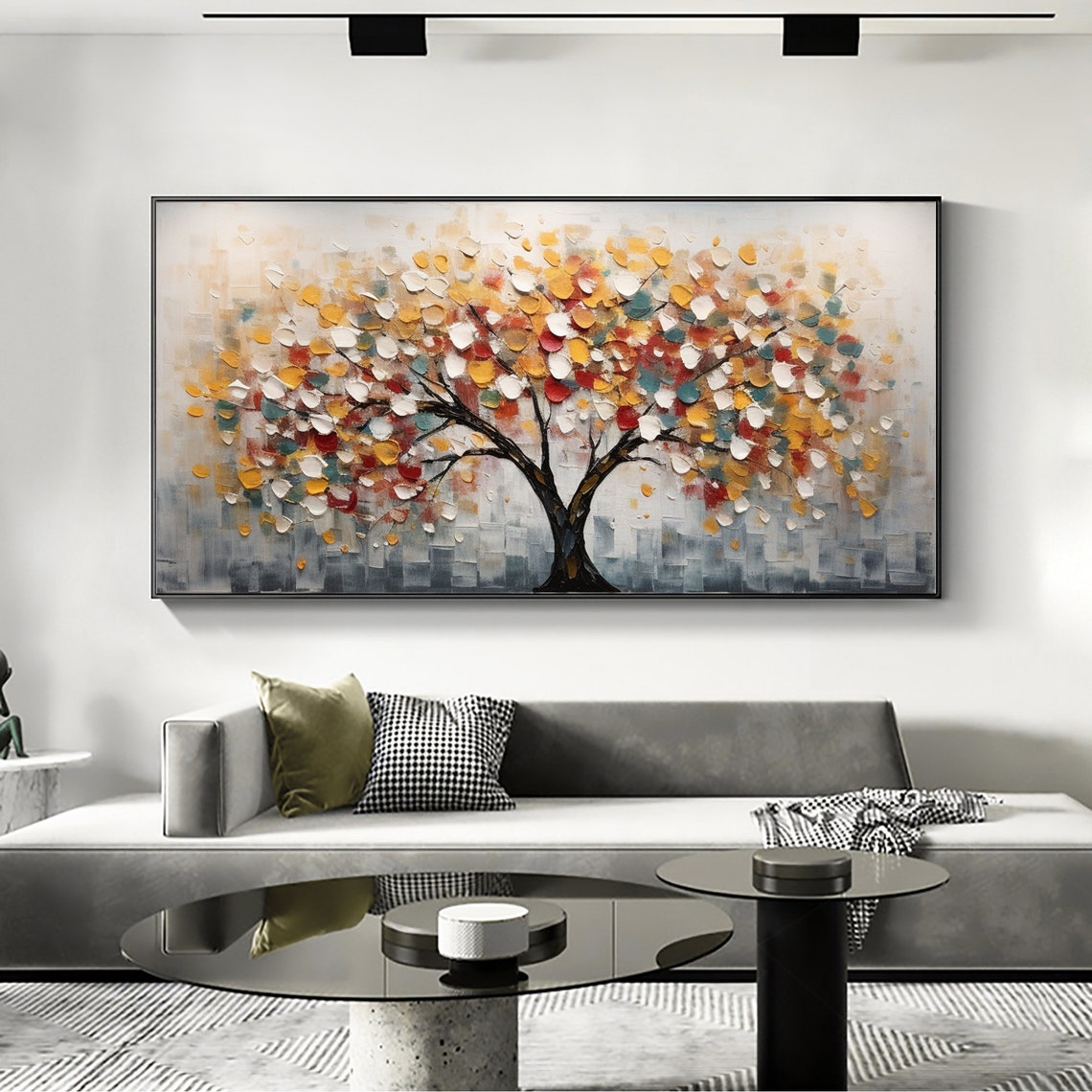 Multicolor Abstract Tree Gold Red Leaves Modern Painting Poster - Image 5
