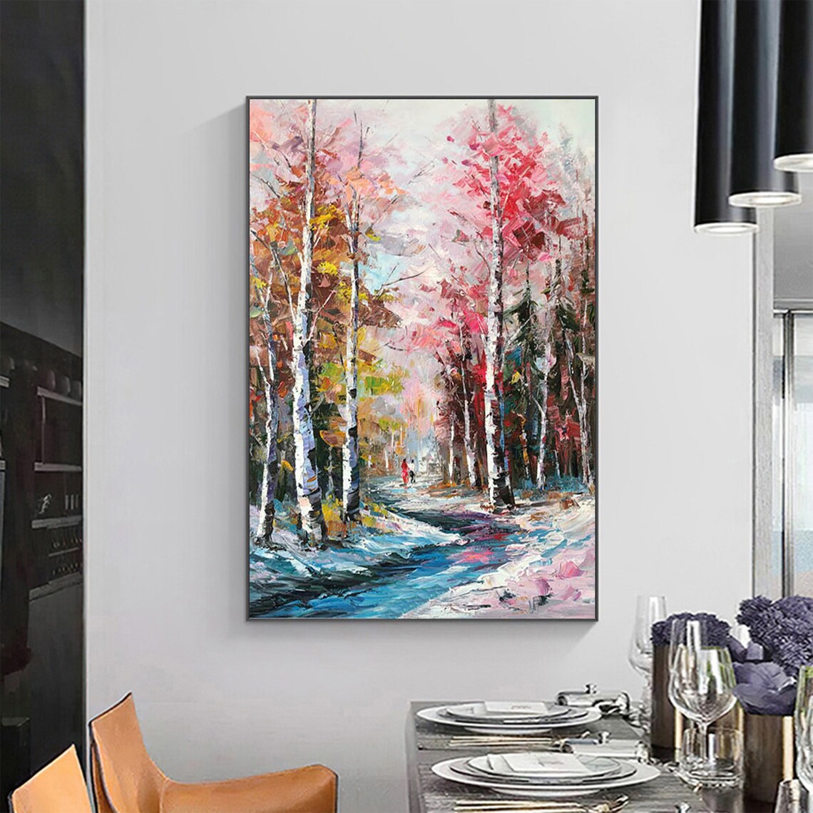 Pink Birch Forest Stream Vertical Autumn Landscape Painting Poster - Image 4