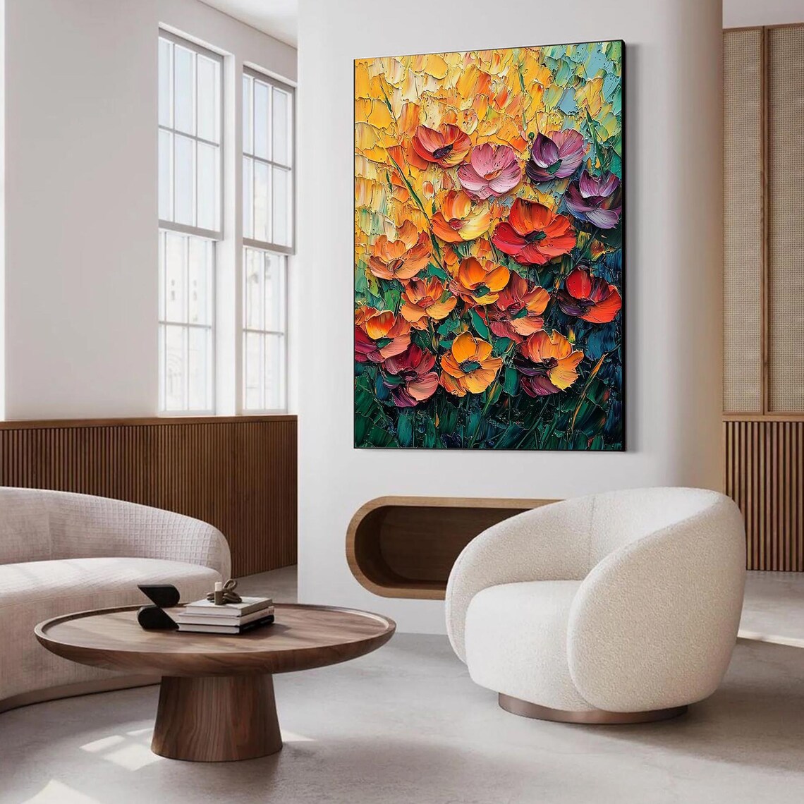 Orange Red Poppy Flowers Teal Impasto Square Floral Painting Poster - Image 2