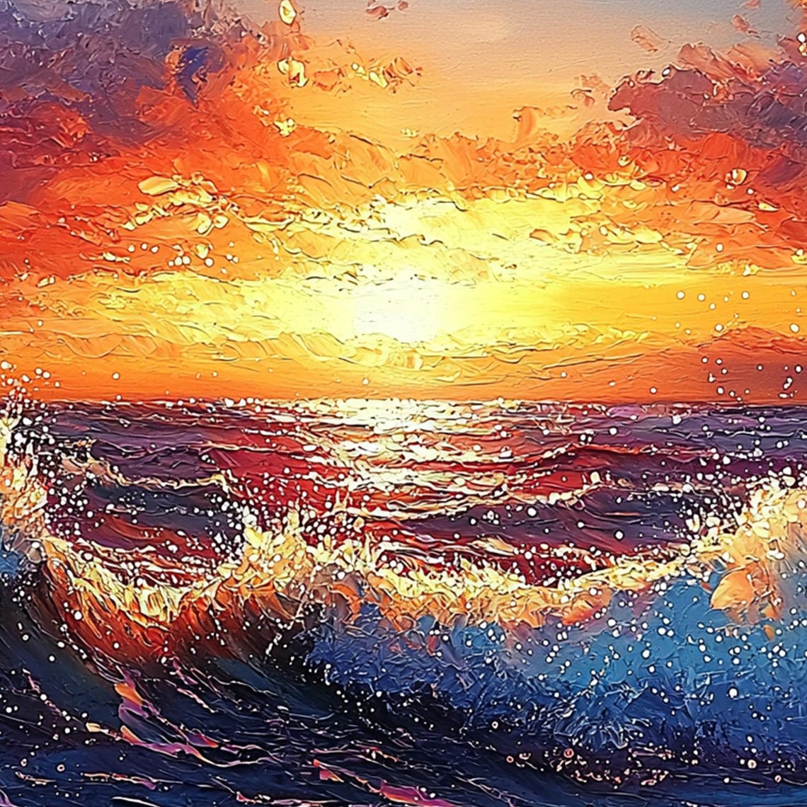 Fiery Orange Sunset over Deep Blue Ocean Waves Oil Art Poster - Image 5