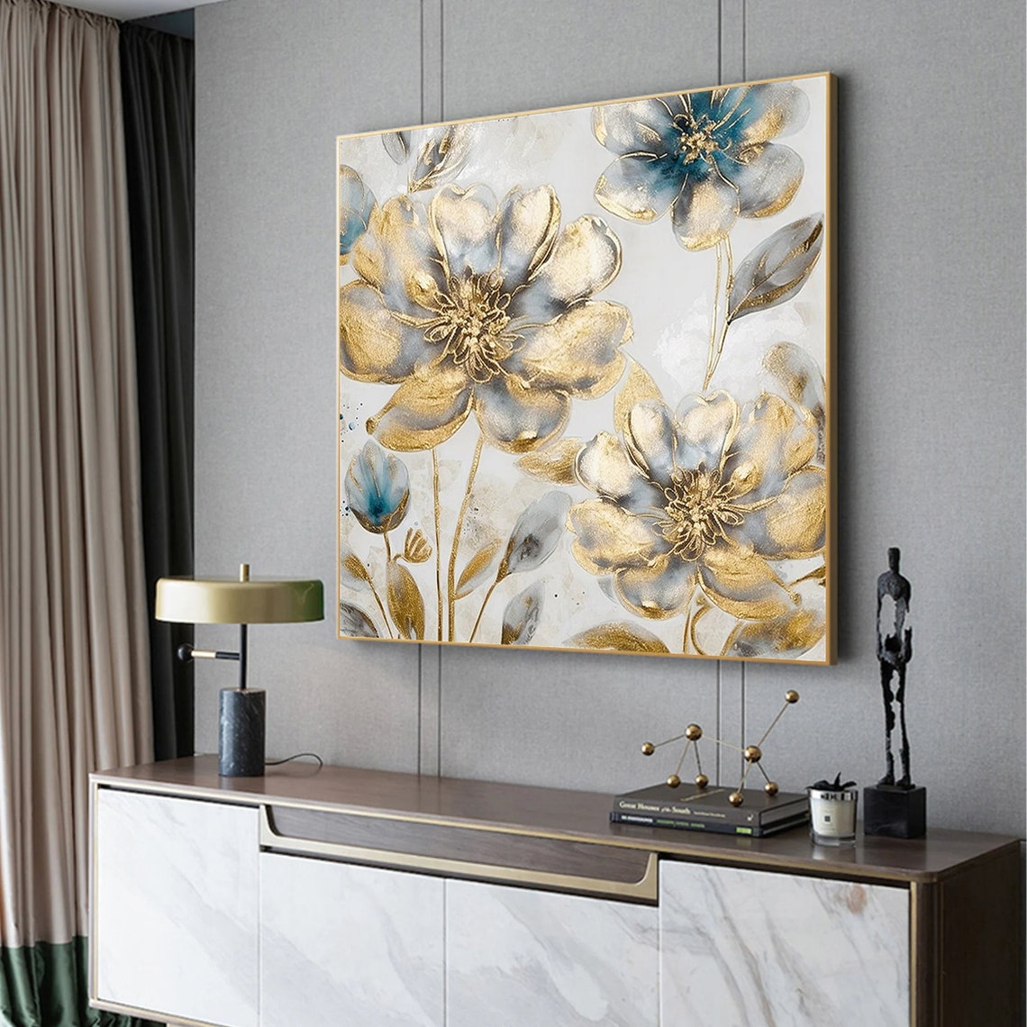 Gold and Blue Gray Floral Blooms with Gold Leaf Accent Poster - Image 6