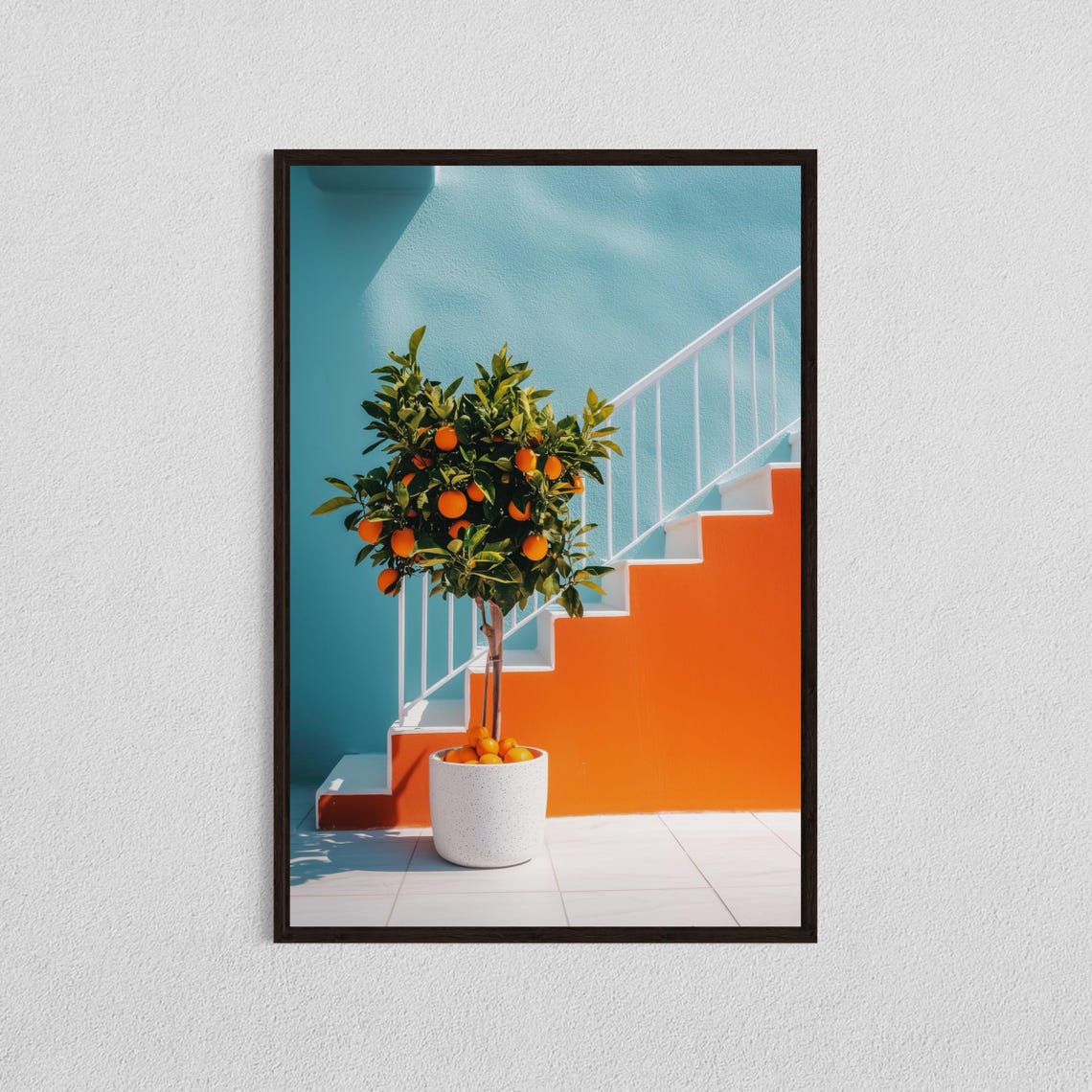 Potted Citrus Tree Turquoise Orange Staircase Mediterranean Print