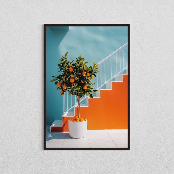 Potted Citrus Tree Turquoise Orange Staircase Mediterranean Print