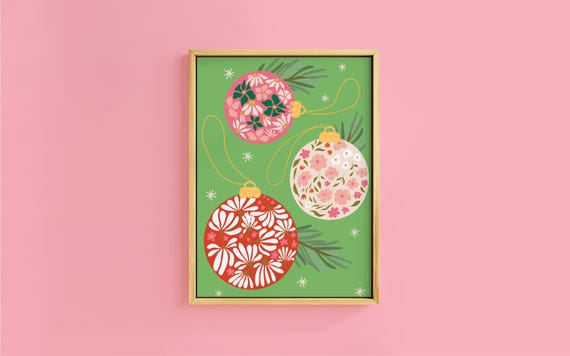 Botanical Floral Colourful Christmas Baubles Art Print Unframed Holly Berry Botanical Fun Xmas Bold Gallery Decor