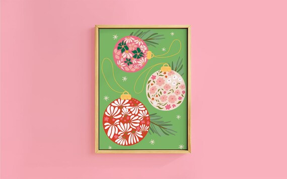 Floral Christmas Baubles Hanging on Deep Green Botanical Print