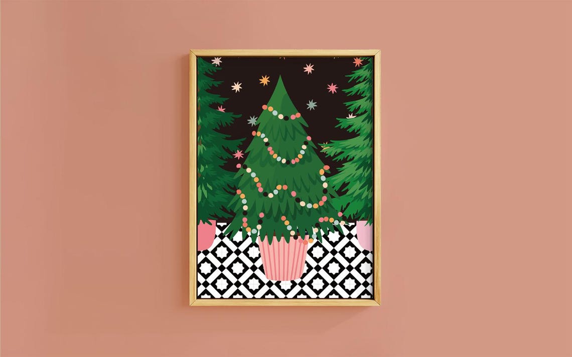 Potted Christmas Trees Colorful Bead Garland Night Art Print