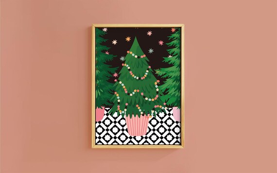 Potted Christmas Trees Colorful Bead Garland Night Art Print