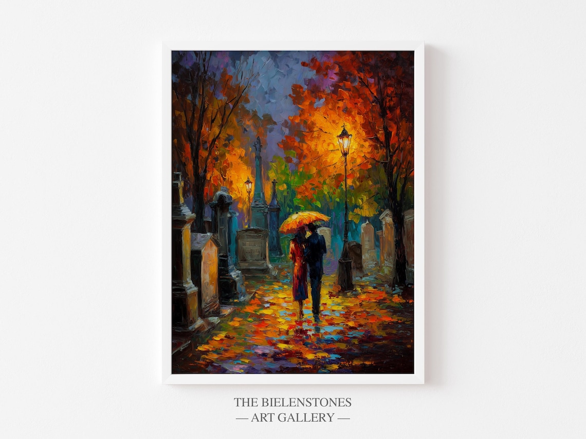 Autumn Cemetery Couple Red Umbrella Headstones Moody Night Poster