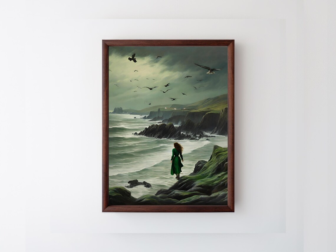 Woman Green Dress Stormy Rocky Coast Seabirds Moody Painting Poster - Image 2