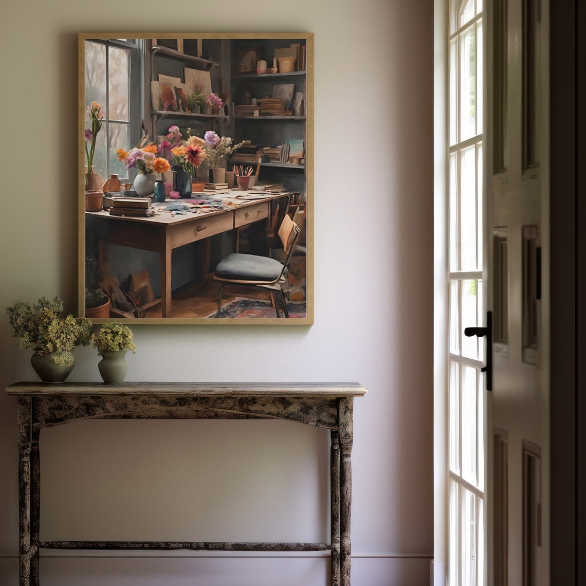 Cozy Artist Studio Desk with Flowers Vintage Interior Painting Print - Image 2