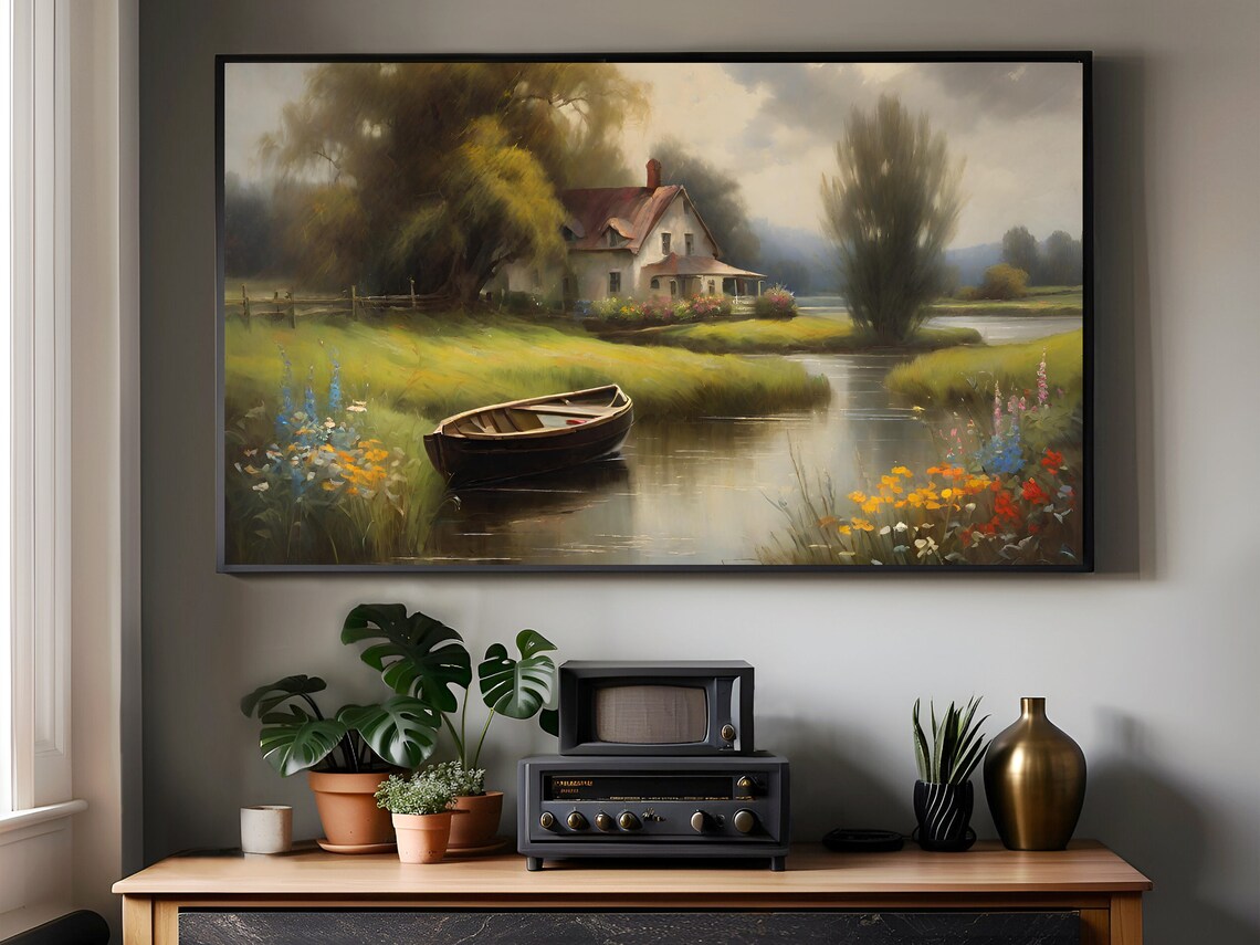 Lakeside Cottage with Rowboat and Wildflowers Vintage Landscape Poster - Image 2