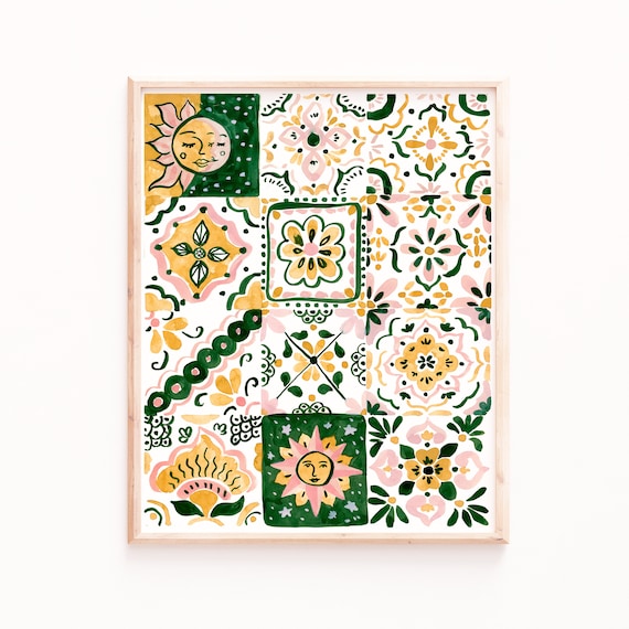 Talavera Tiles Art Print, Boho Mexican Wall Decor