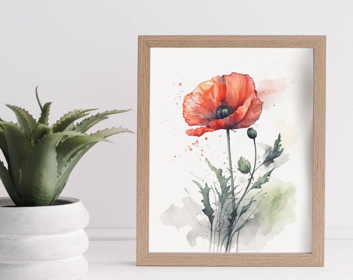 Vibrant Red Poppy Bloom Watercolor Botanical Flower Wall Poster