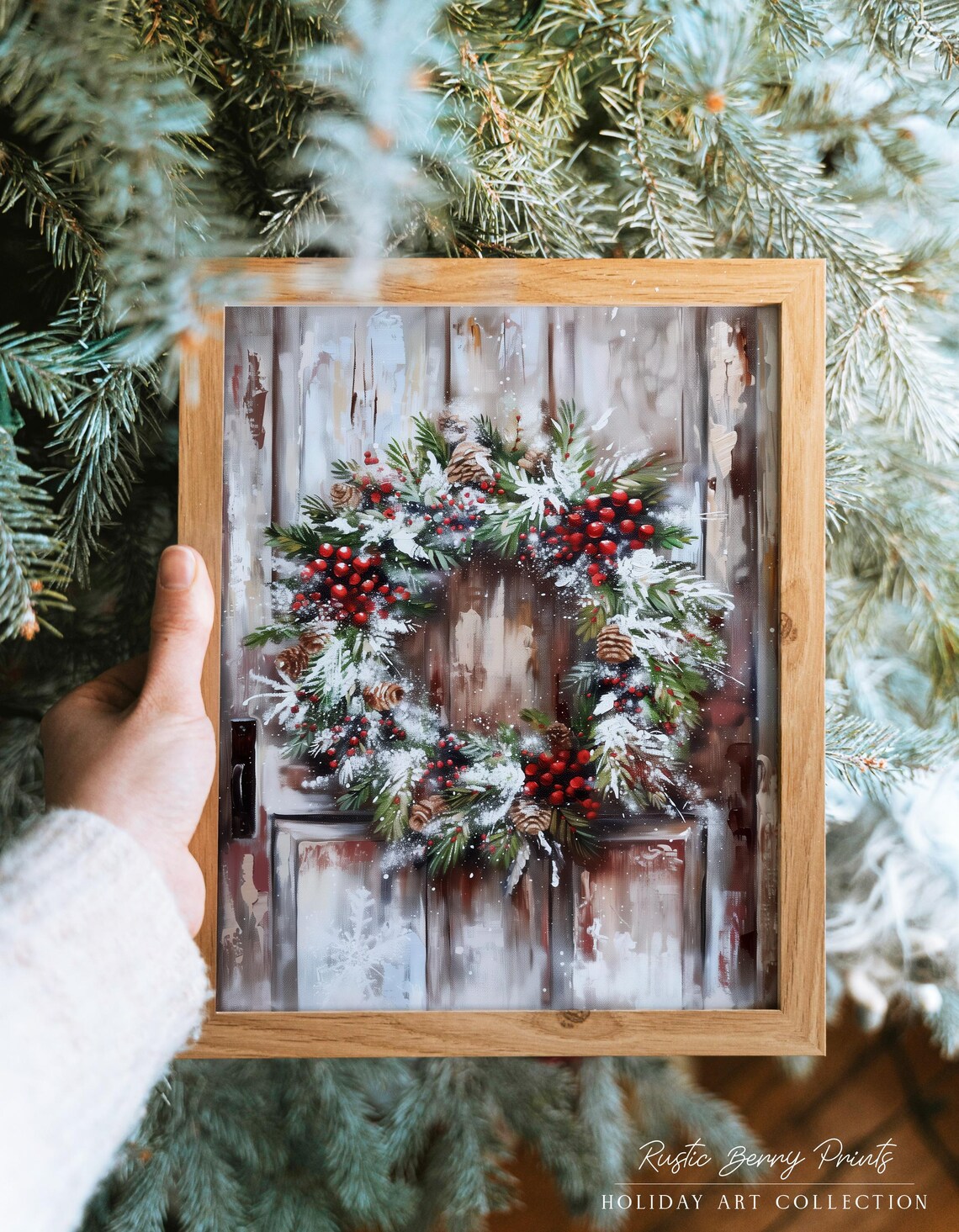 Snowy Red Berry Christmas Wreath Rustic Wood Door Wall Print