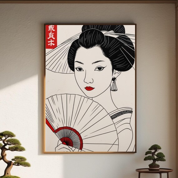 Japanese Woman Geisha Fan Minimalist Ink Line Red Art Style Poster