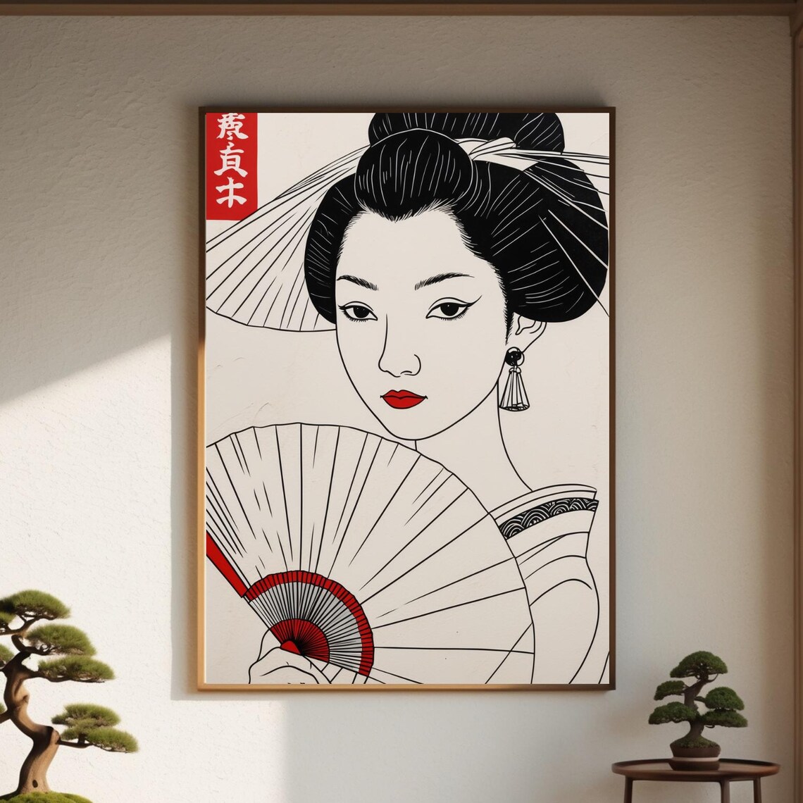 Japanese Woman Geisha Fan Minimalist Ink Line Red Art Style Poster