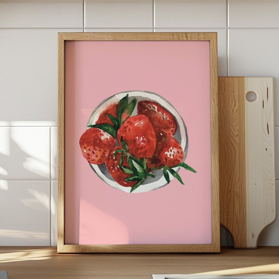 Strawberry Bowl Watercolor Pink Fruit Kitchen Food Decor Poster