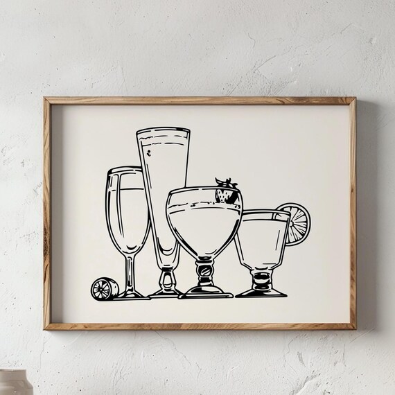 Cocktail Glasses Line Art Bar Cart Black White Kitchen Wall Poster