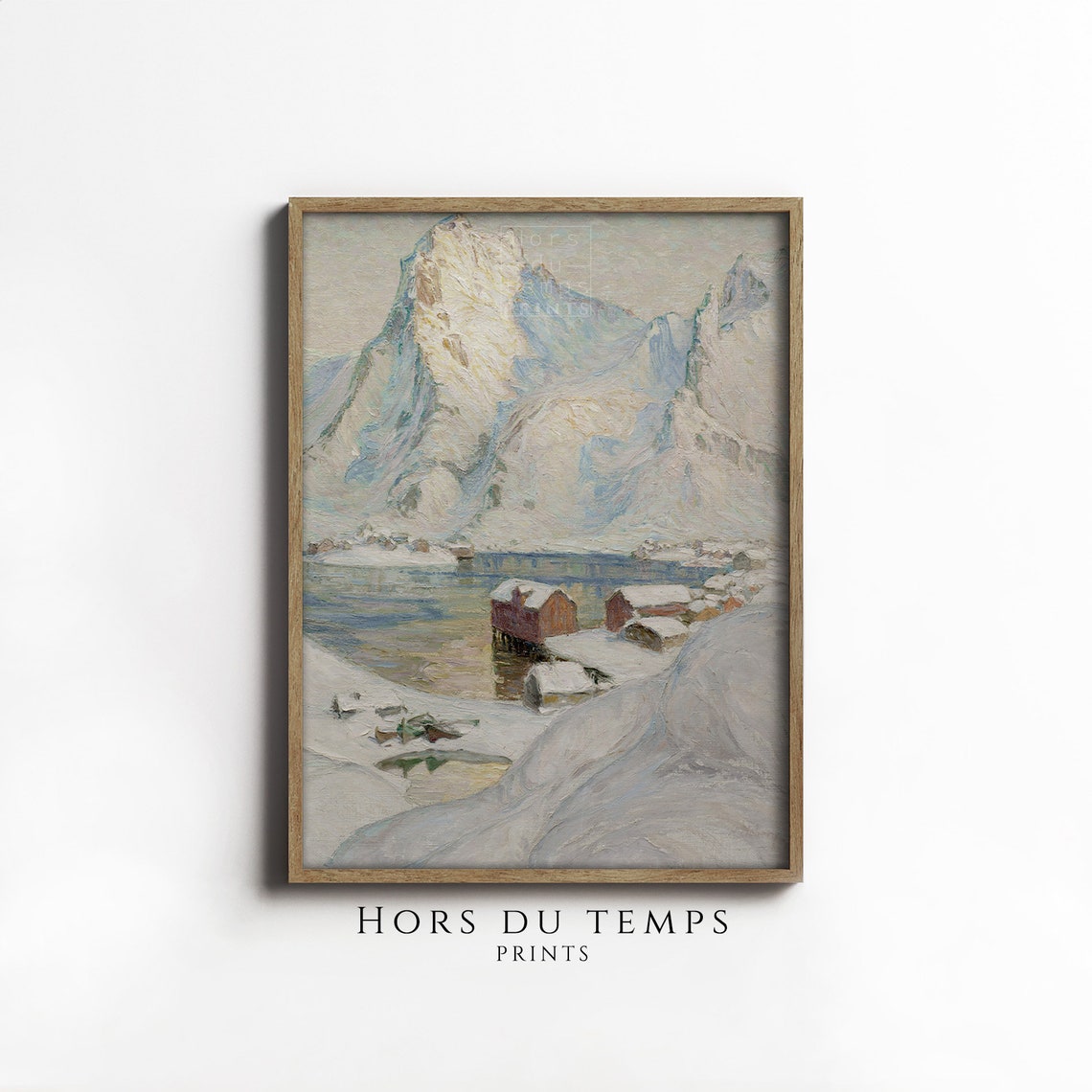 Alpine Red Cabins Beneath Snowy Peaks Winter Landscape Poster