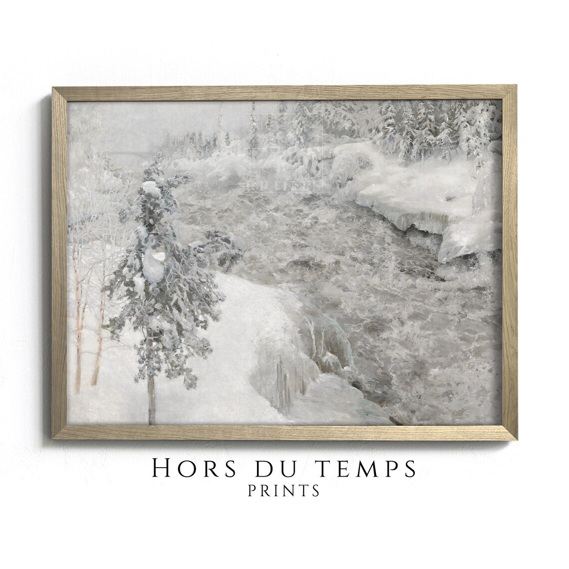 Snowy Forest River Winding Stream Muted Grey Winter Oil Painting Poster
