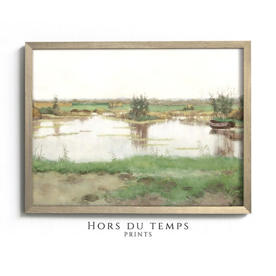 Country Meadow River Landscape Oil Painting Rustic Farmhouse Art Vintage Cottage Wall Decor Hors Du Temps Prints