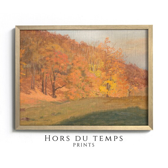 Crimson Orange Autumn Forest Meadow Vintage Landscape Wall Poster