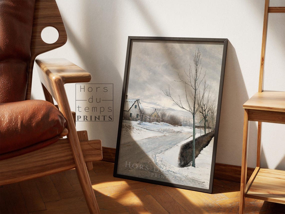 Snowy Country Road with Cottages Bare Trees Winter Painting Poster - Image 2