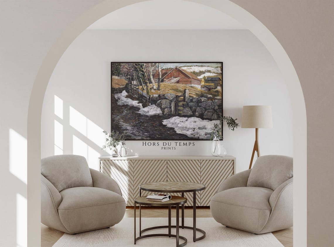 Rustic Farmhouse Red Barn Stone Wall Spring Thaw Vintage Art Poster - Image 2