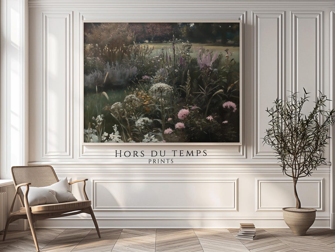 Moody Wildflower Garden at Dusk White Blooms Vintage Painting Poster - Image 2