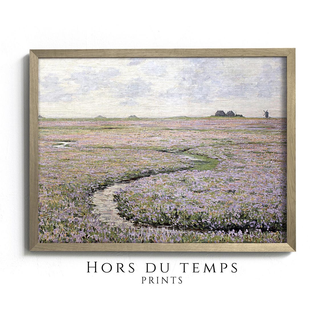 Vintage Purple Heather Field Stream Windmill Pointillist Meadow Poster