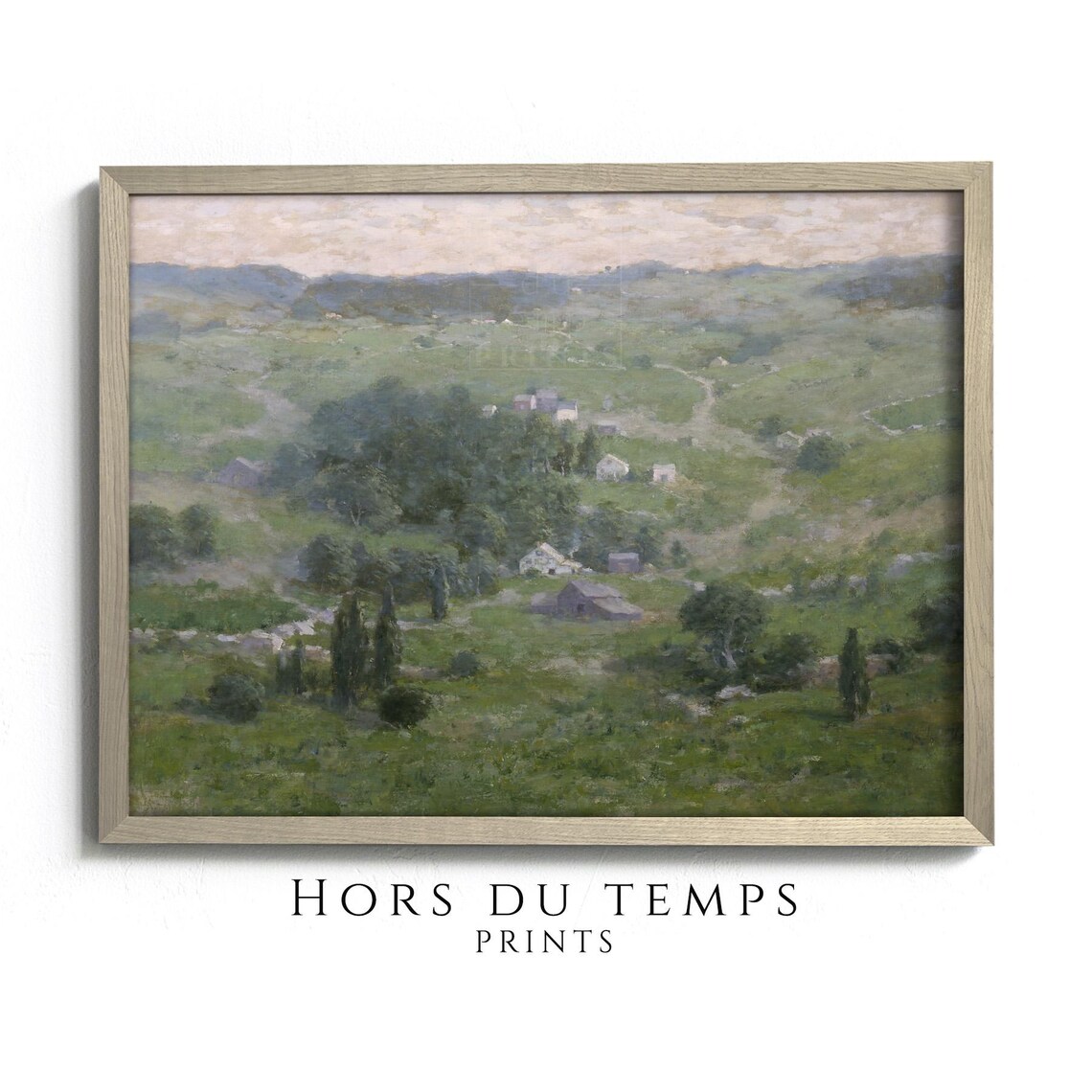 Vintage Green Valley Village Farmhouses Hazy Hills Landscape Poster