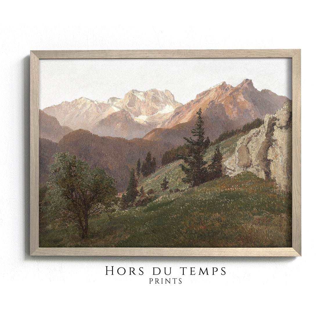 Alpine Peaks Sunlit Meadow Pine Trees Vintage Mountain Poster