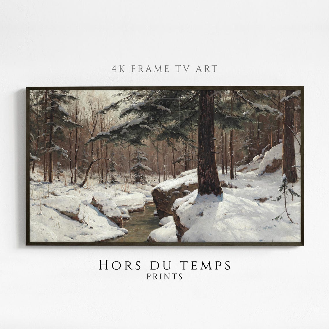 Snowy Pine Forest Stream Flowing Through Winter Woods Poster