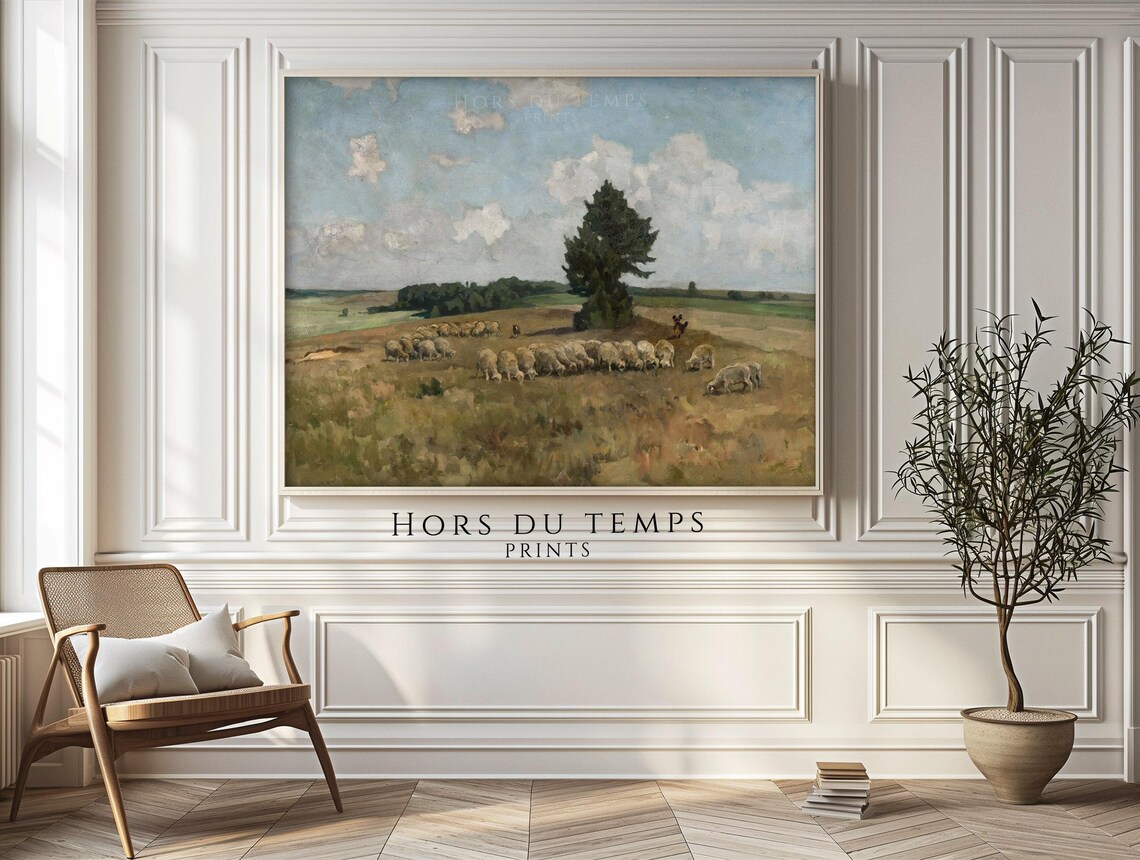 Flock of Sheep Golden Field Lone Tree Shepherd Vintage Pastoral Poster - Image 2