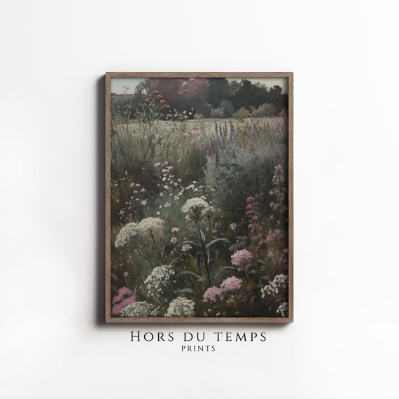 Moody Wildflowers Painting Muted Green Tones Garden Landscape Village Cottagecore Farmhouse Art Hors Du Temps Prints