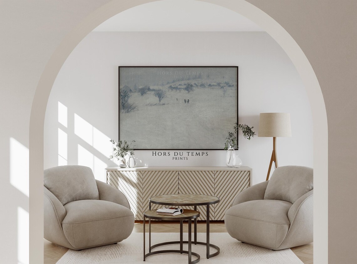 Minimalist Snowy Field With Figures Vintage Winter Landscape Poster - Image 2