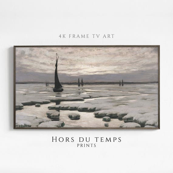 Boats On Frozen Lake Muted Art For Frame Tv Vintage Cottagecore Landscape Painting Hors Du Temps Prints