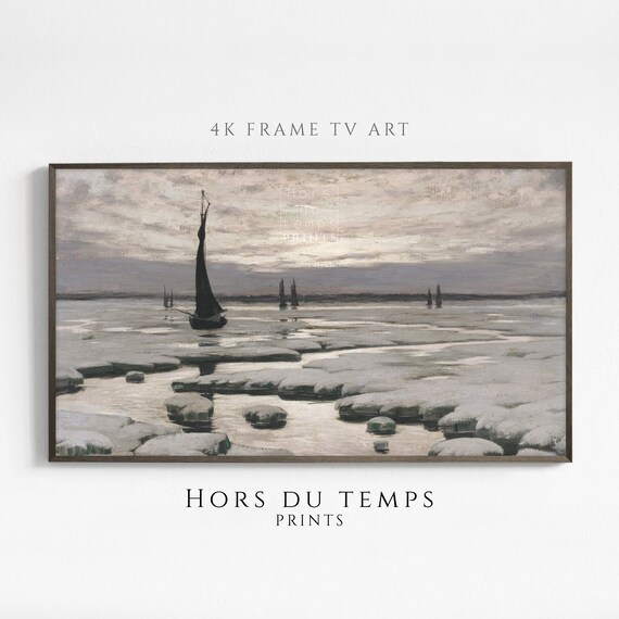 Sailboats on Frozen Sea With Ice Floes Vintage Winter Seascape Poster