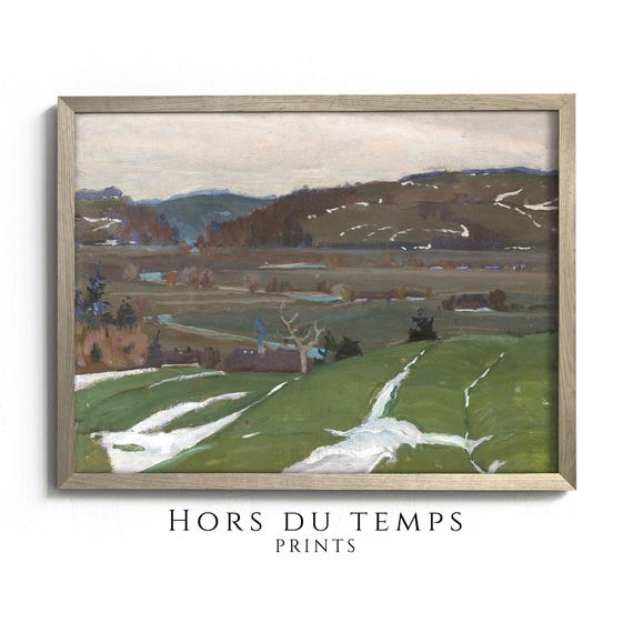 Snowy Field Landscape In Green Tones Muted Cottagecore Vintage Art Hors Du Temps Prints