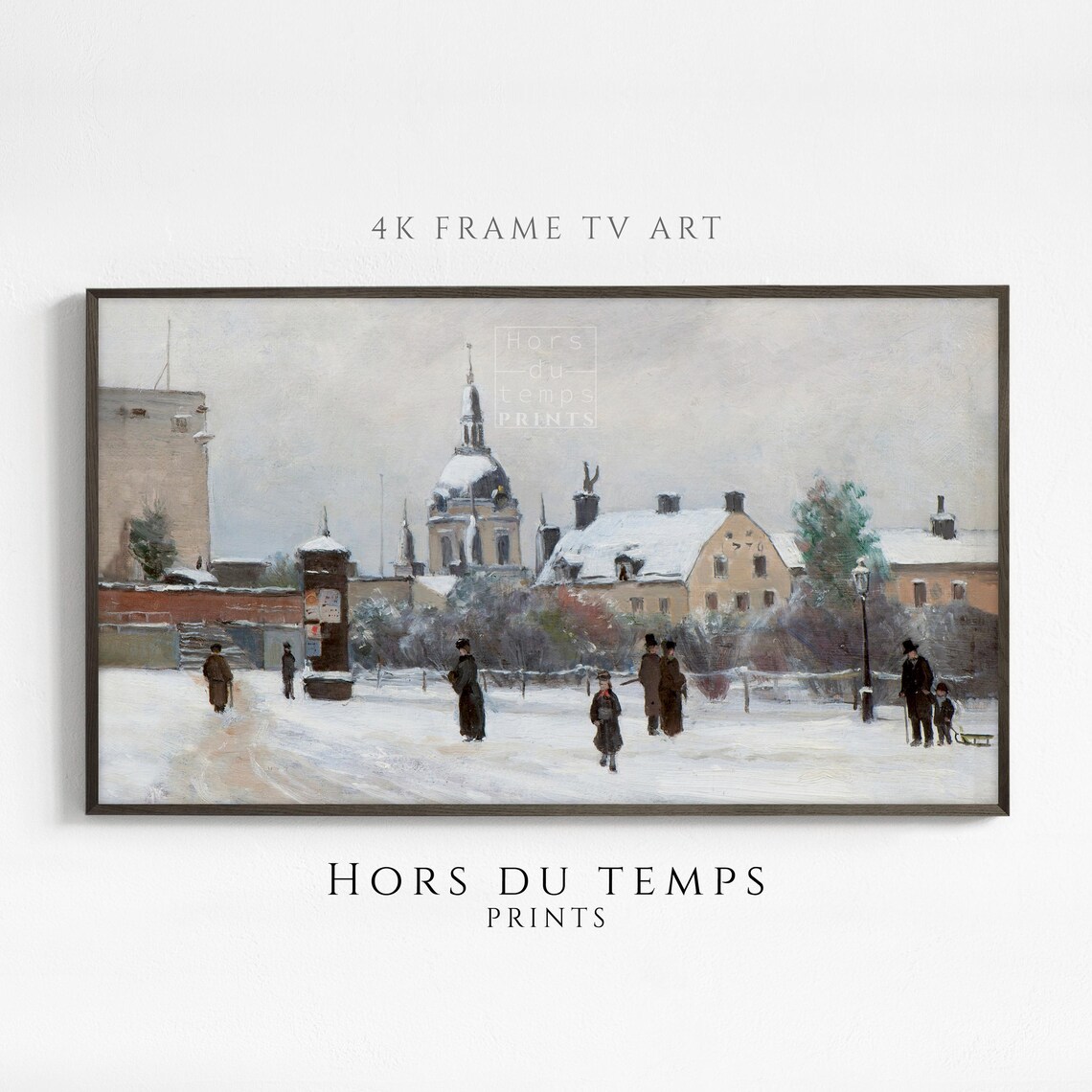 Snowy Old Town Street With Church Vintage Winter Cityscape Painting Poster