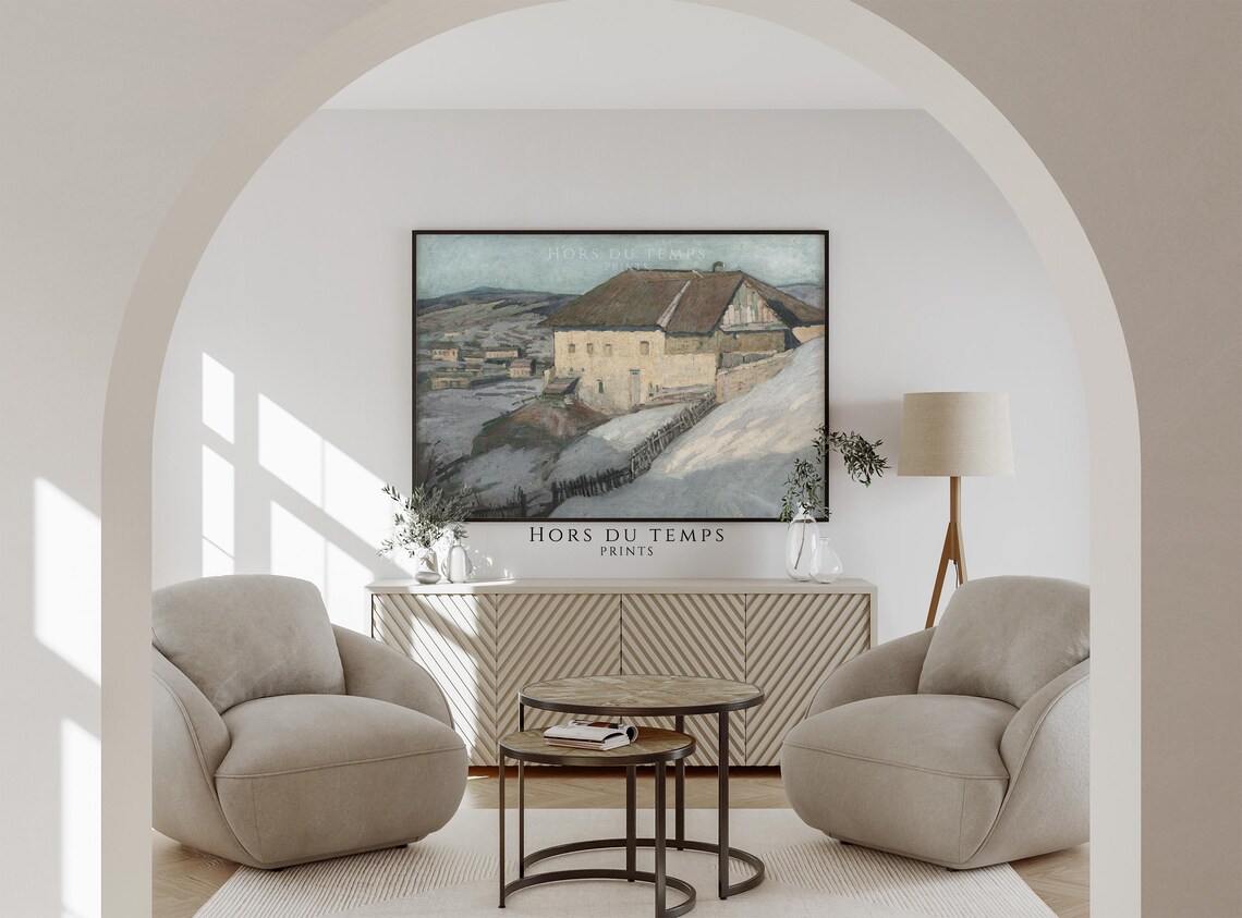 Winter Farmhouse on Snowy Hillside with Fence Village Painting Poster - Image 2