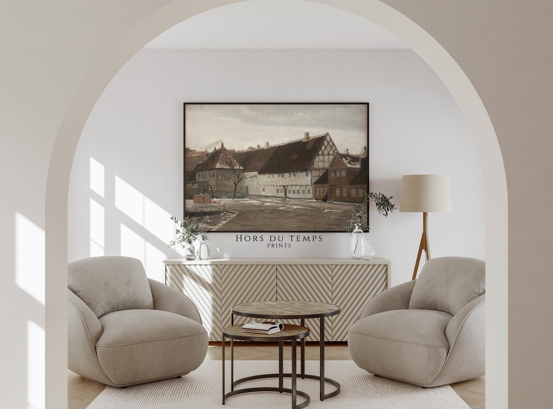 Historic Half Timbered Houses Snowy Winter Street Painting Poster - Image 2