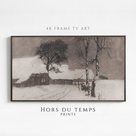 Moody Winter Village Farmhouse Black White Art For Frame Tv Muted Vintage Rustic Christmas Painting Hors Du Temps Prints