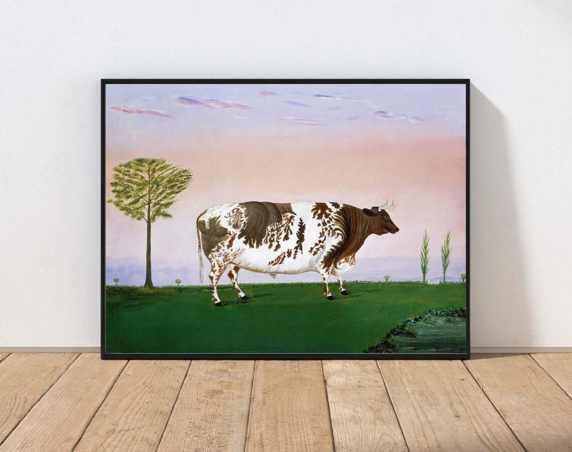 Folk Art Spotted Cow Pasture Naive Farm Animal Painting Print